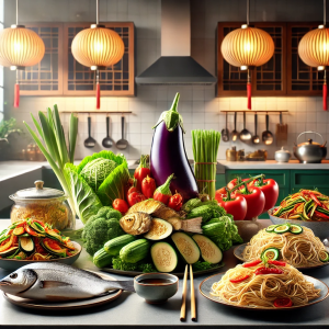 DALL·E 2024-08-31 18.35.59 - A vibrant kitchen scene featuring a variety of Asian vegetable dishes, including stir-fried eggplant, chou-mein, and tilapia with oriental sauces, all